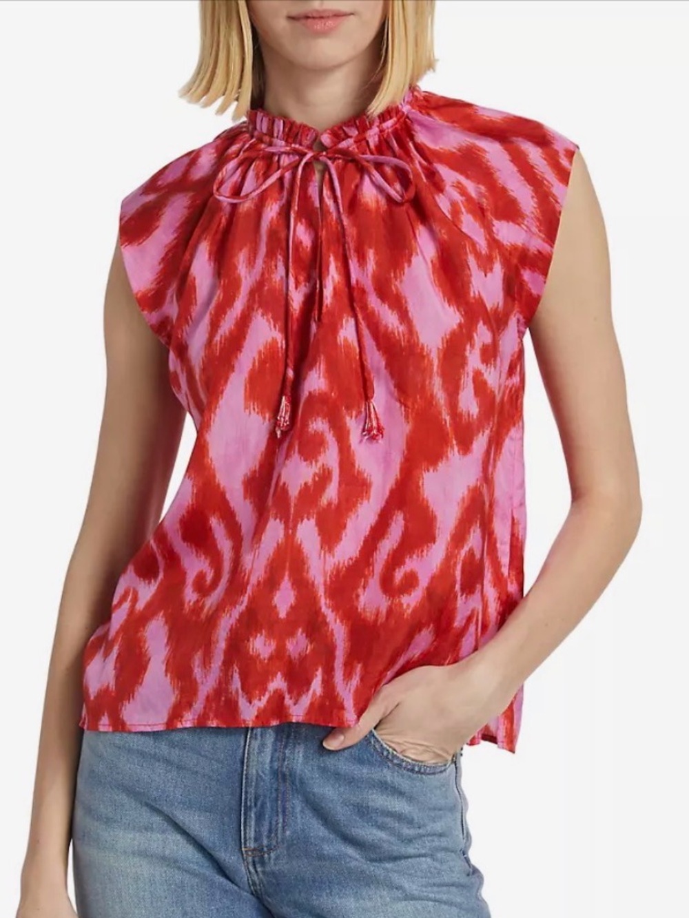 Tie-Neck Silk Sleeveless Blouse in Red and Pink